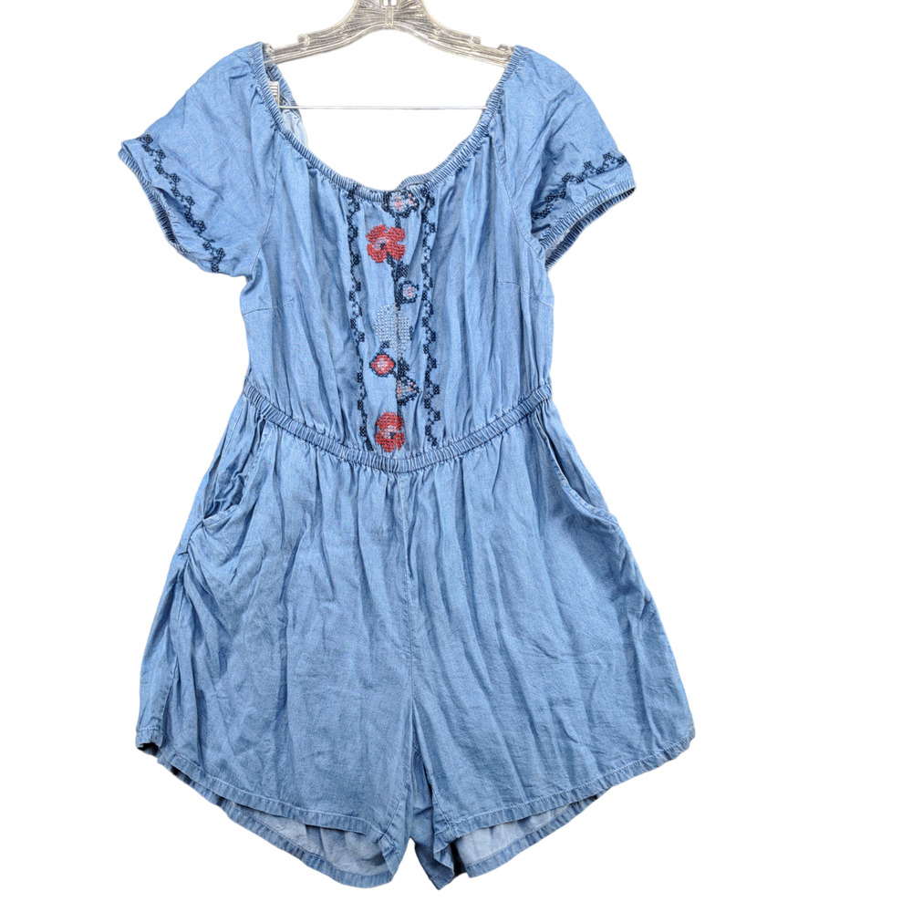Old Navy Girls Lyocell Jumpsuit Blue Size L Embroidered Floral Shorts